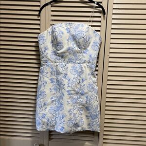 Chic Strapless Dress with Blue Floral Design